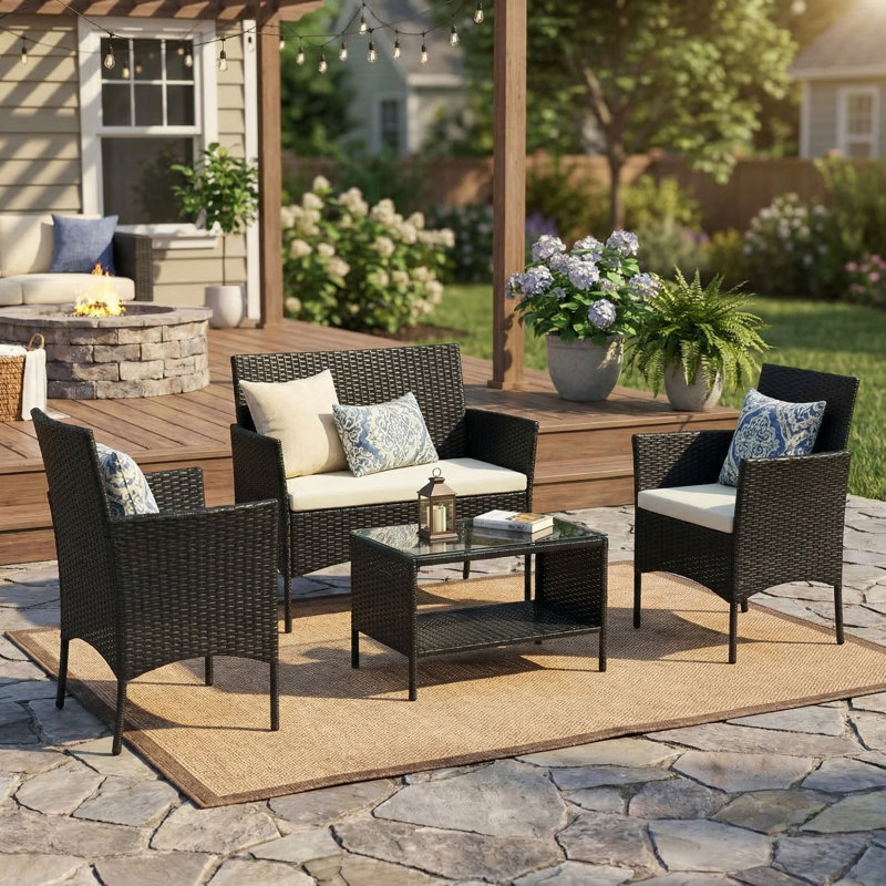 4-Pieces All Weather PE Wicker Sofa Set, Patio Conversation Set with Removable Cushion for Garden and Backyard, Beige