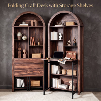 Folding Craft Desk With Storage Shelves, Convertible Hideaway Desk To Bookshelf For Small Spaces 2-In-1 Fold Out Desk