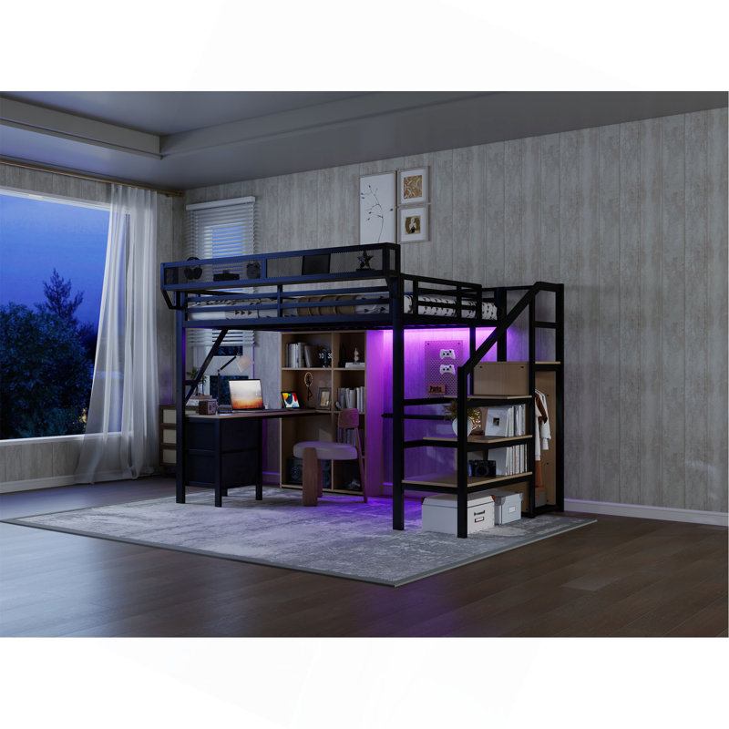 Lit mezzanine double avec bureau et station de recharge, 7 espaces de rangement ouverts et éclairage DEL, conçu pour les enfants et les adolescents (date d'arrivée prévue : 24/06/2026).