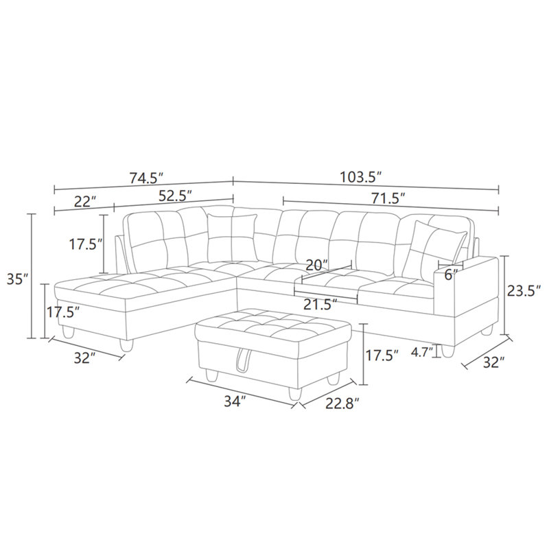 3-Piece Sectional Sofa, Left Hand Facing