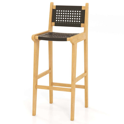 30" Teak Wood Bar Chair With Backrest & Footrest Bar Height Chair For Deck