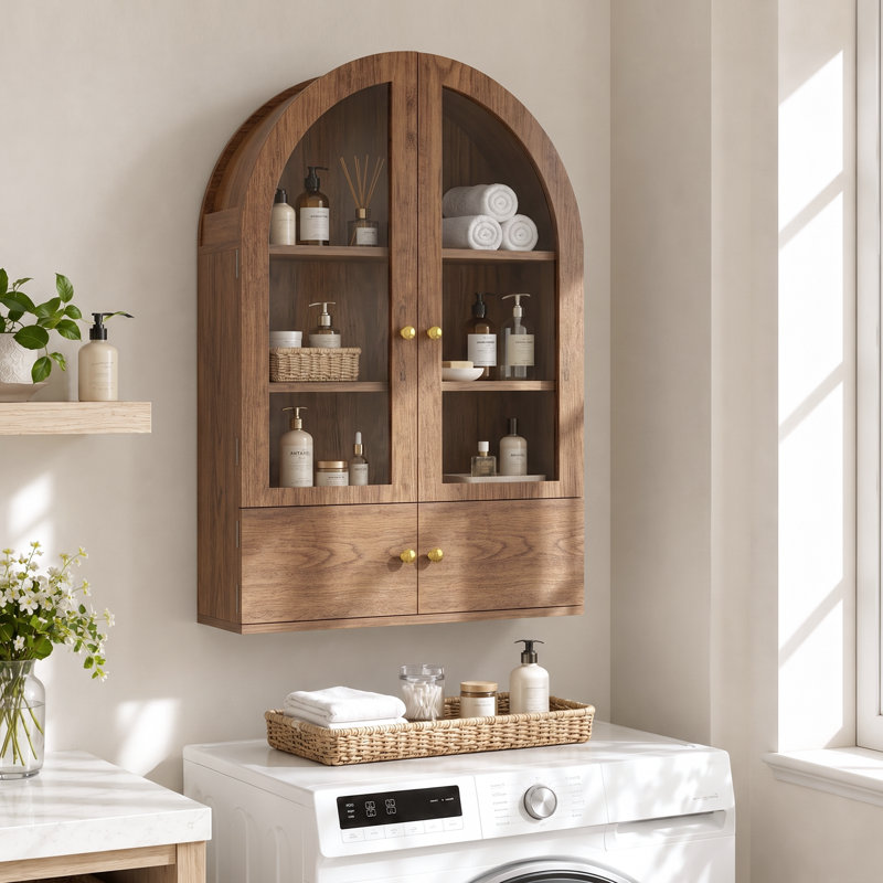 Pharmacie avec 2 portes en verre, tablette réglable, armoire de rangement murale pour salle de bain, Noyer
