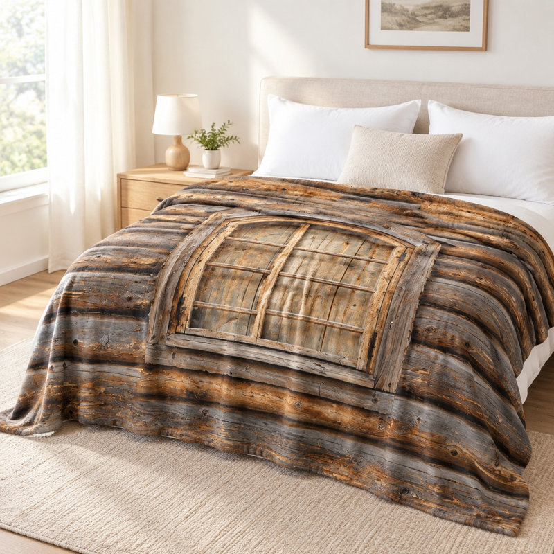 Plaid en flanelle à motif rustique de cabane en rondins et fenêtres - Confortable, chaud, léger, respirant, toutes saisons, doux pour la peau, lavable à la machine, décoratif, pour canapé, fauteuil, salon et chambre