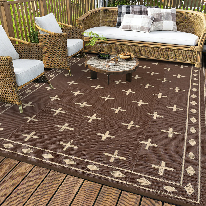 Reversible Outdoor Rug 9x12ft – Waterproof Plastic Straw Mat with Modern Geometric Design, UV Resistant, Easy Clean Area Carpet for Patio, Deck, RV Awning, Garden, Camping, Beach – Peony Brown/Coffee, US Spec