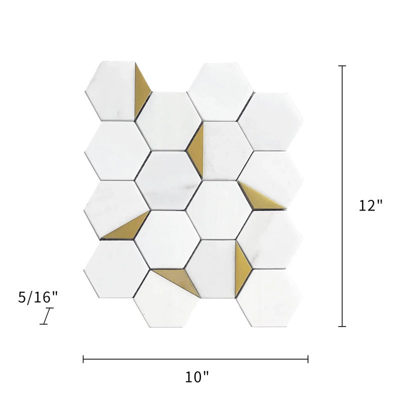 Carreau de marbre hexagonal blanc royal avec accents dorés 12 po x 10 po avec mosaïque en métal (0,83 pi2 / pièce)