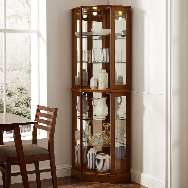 Vitrine Curio avec lumières, 6 tablettes ajustables, Noyer