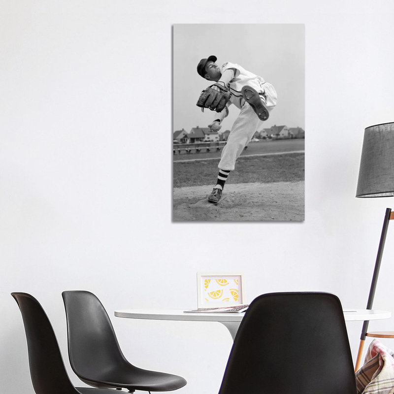 1950s Teen In Baseball Uniform Winding Up For Pitch by Vintage Images - Wrapped Canvas Print