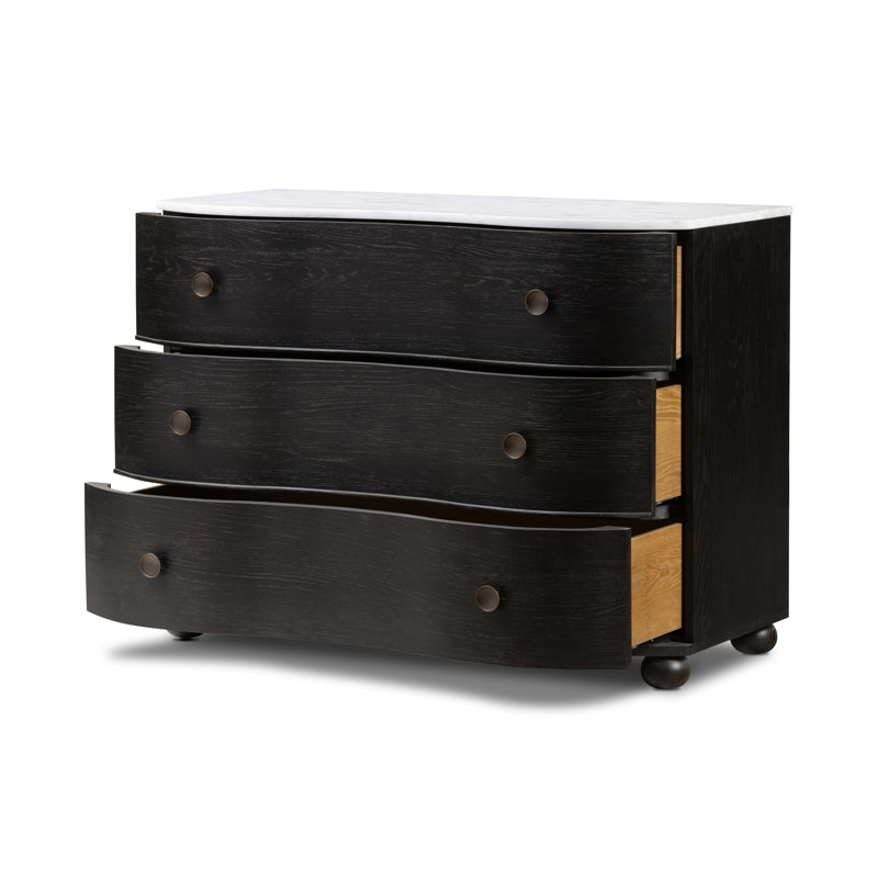 Tiago 3 - Drawer Dresser, Black/Polished White Marble