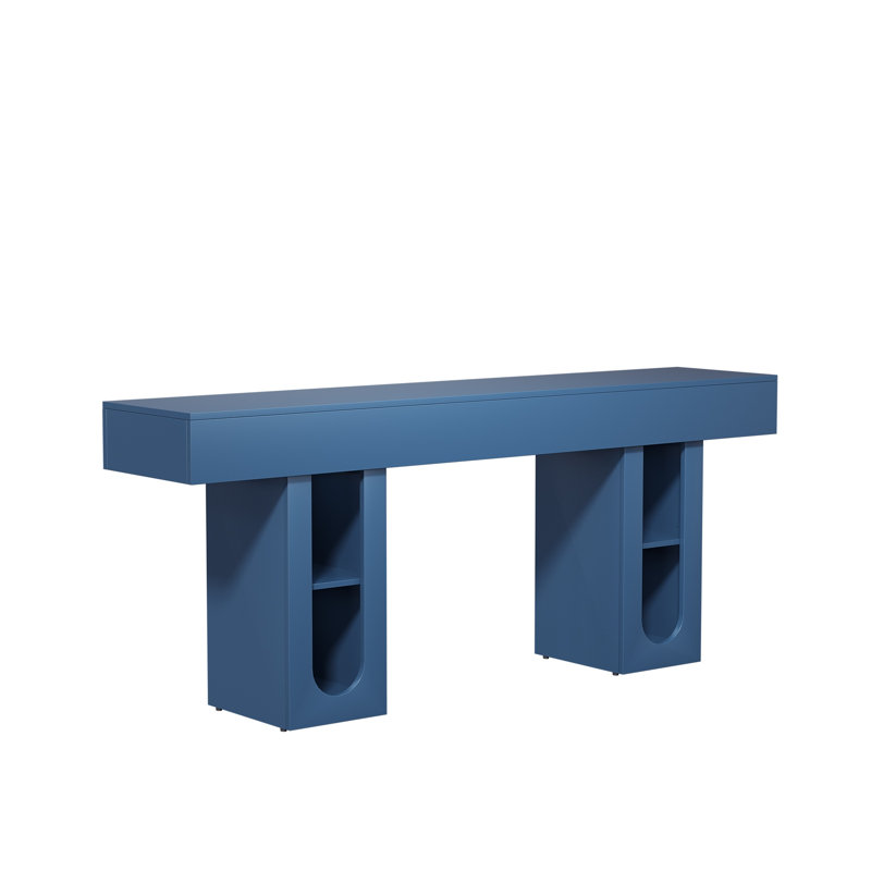 Console OMCHOM de 63 pouces avec prises de courant, canapé d'entrée bleu avec tablette de rangement, table de couloir étroite pour le salon, panneau de particules et panneau de fibres à densité moyenne