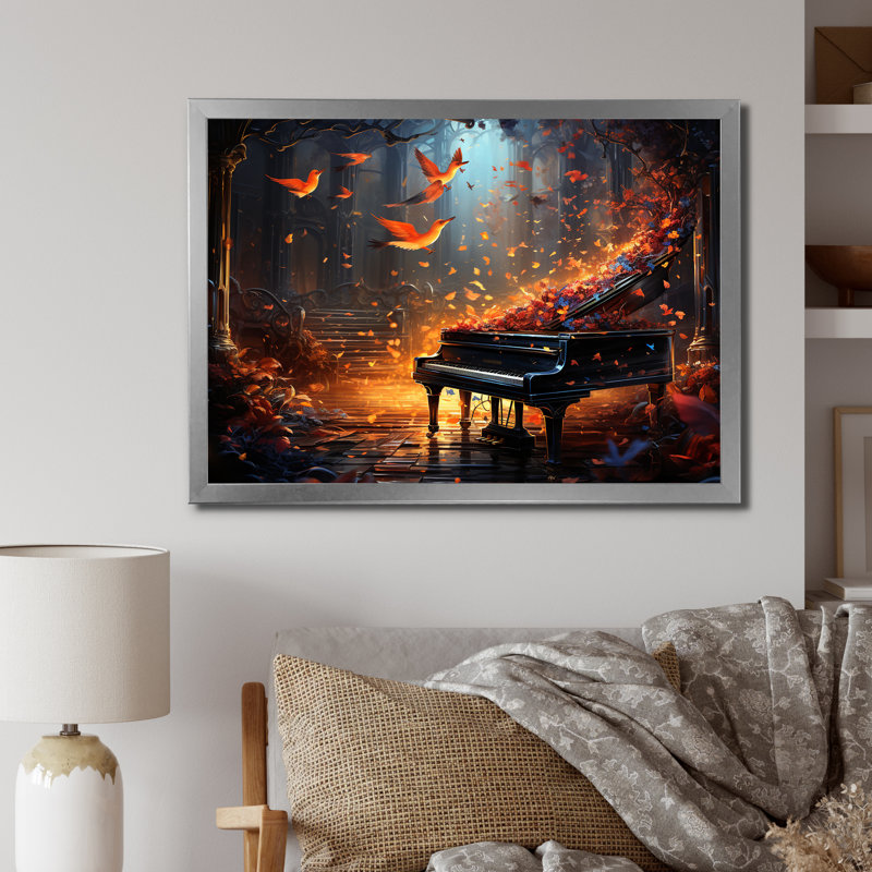Grand pian en concert dans la forêt I sur toile, H 24 po x l 32 po, Cadre photo argenté