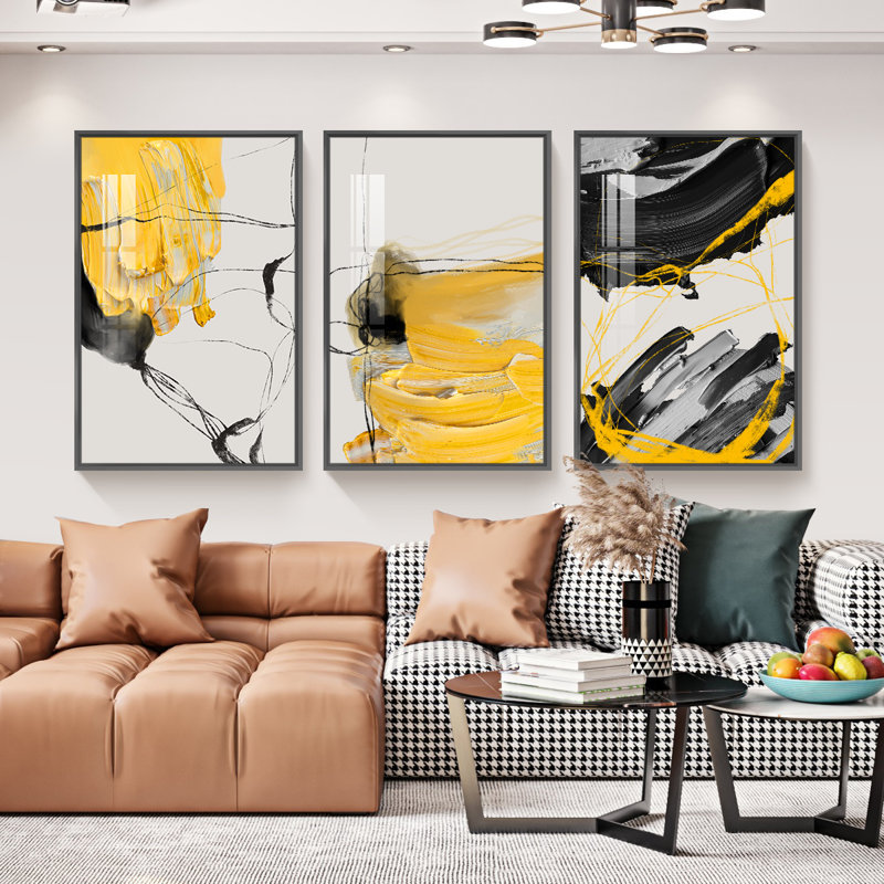 Lineal Dessin, art mural encadré en aluminium - Ensemble de 3 reproductions d'art sur toile, Cadre noir
