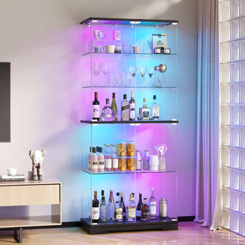 Vitrine à 5 niveaux avec éclairage RVB, armoire de rangement de 198 cm de hauteur avec détecteur de mouvement, Brun