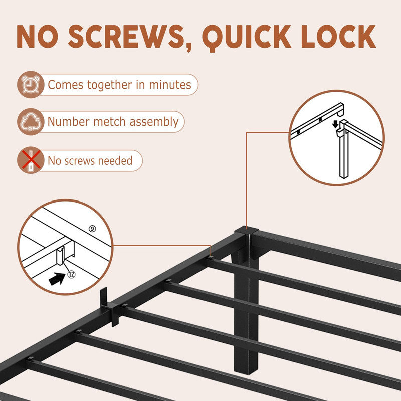 Metal Bed Frame, Heavy Duty Platform with 800 lbs Support, No Box Spring Needed, Easy Tool-Free Assembly, Noise-Free Design