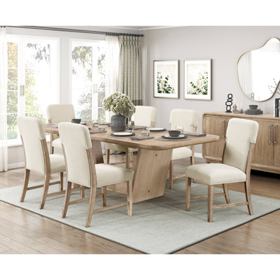 Beautiful Natural Finish Dining Set 7pc Extendable Table Upholstered Chairs Beige Modern Farmhouse Dining Room Furniture