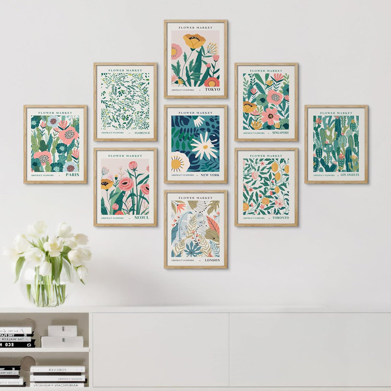 «Flower Market Abstract Floral Botanical Modern City Prints», art minimaliste encadré sur papier, 9 pièces, L 11 po x H 14 po