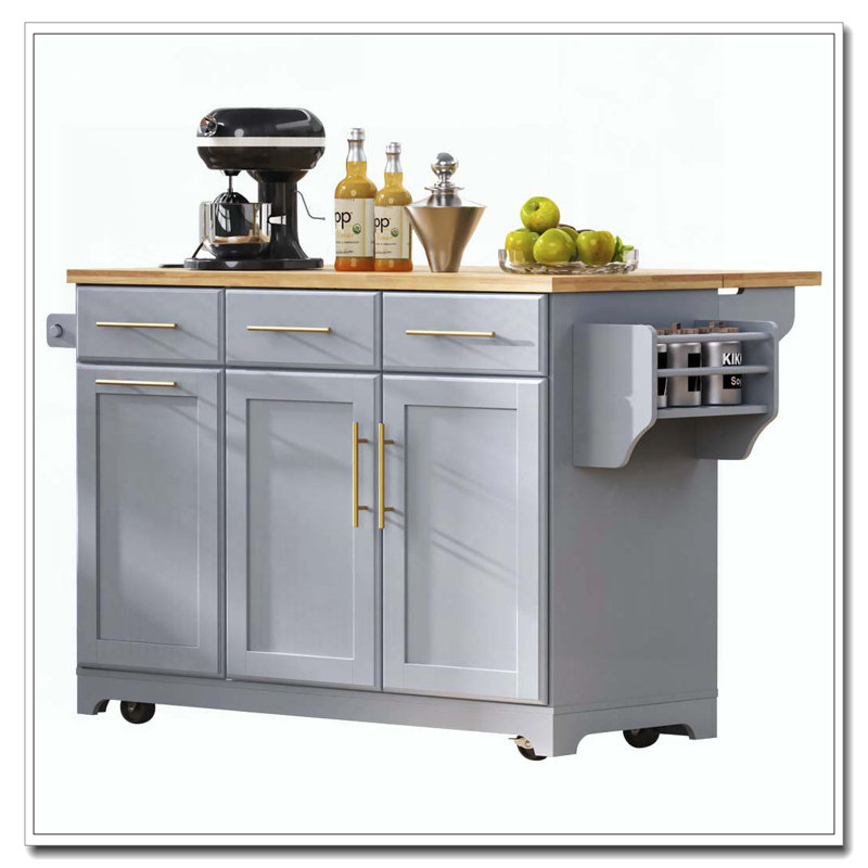 Îlot de cuisine 59,3 po avec 2 armoires coulissantes et rallonge en bois d'hévéa, îlot de cuisine roulant avec rangement pour poubelle, prise de courant, support à épices et à serviettes