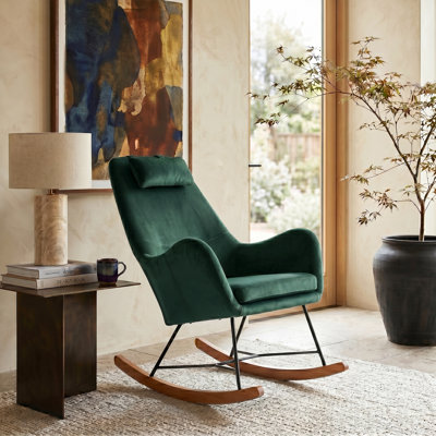 Chaise berçante en velours Brentwood Mid-Century avec coussin pour le cou et structure en métal