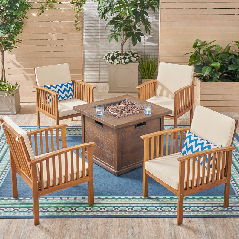 Broadbelt Acacia 4 - Person Patio Conversation Set with Cushions, Brown Patina Frame/Cream Cushion
