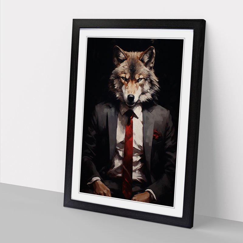 XYZ-FRM-V1223-1695 Wolf In A Suit Painting No.2 - Single Picture Frame Print on Wood, Black , 64cm H x 46cm W x 2cm D