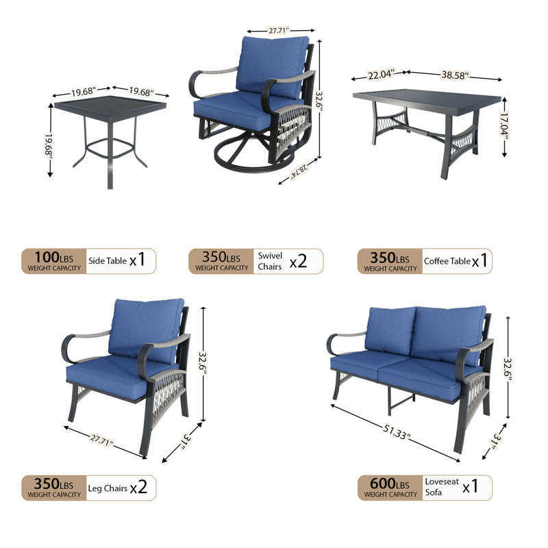 Metal 6-Person Sofa Seating Group With Blue Cushions, Blue
