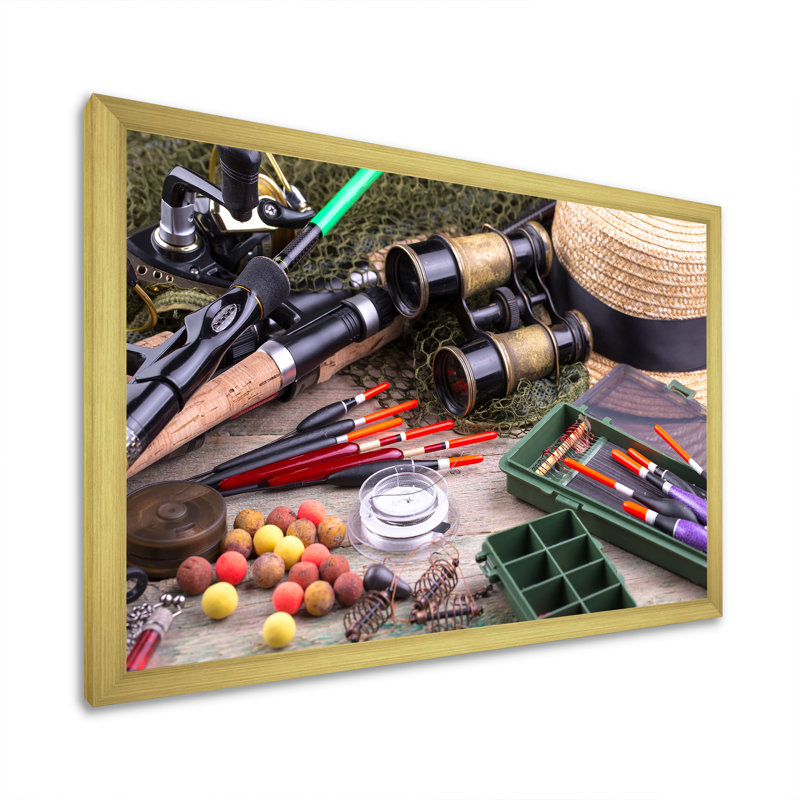 " Fishing Supplies Layout ", 12" H x 20" W x 1" D, Gold Single Picture Framed