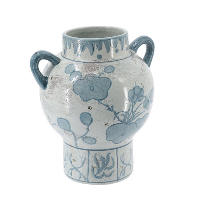 7.2x8.7x9.4" Blue and White Ceramic Vase, Abstract Floral Pattern Decorative Vase with Handles, Vintage Amphora Style Vase for Living Room Dining Table Entryway Home Decor