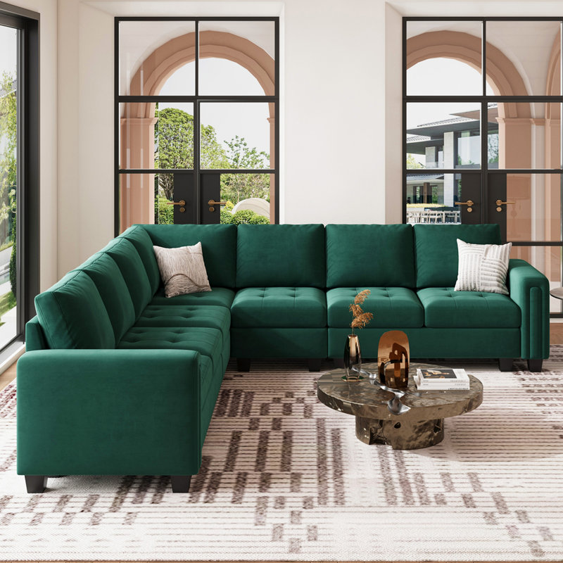 Shavera 6 - Piece Velvet Large L Shaped Corner Sectional Sofa Solid Wood Livingroom Couch, Green Velvet