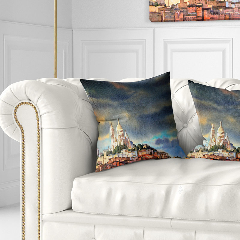 Coussin d’horizon montmartre painting aquarelle, 18 po x 18 po, Coussin décoratif
