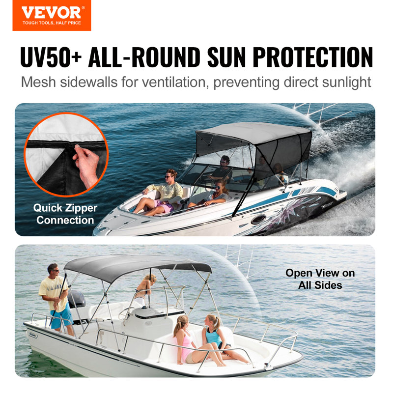 Light Gray 4 Bow Bimini Top Boat Cover with Mesh Sidewalls and Aluminum Frame