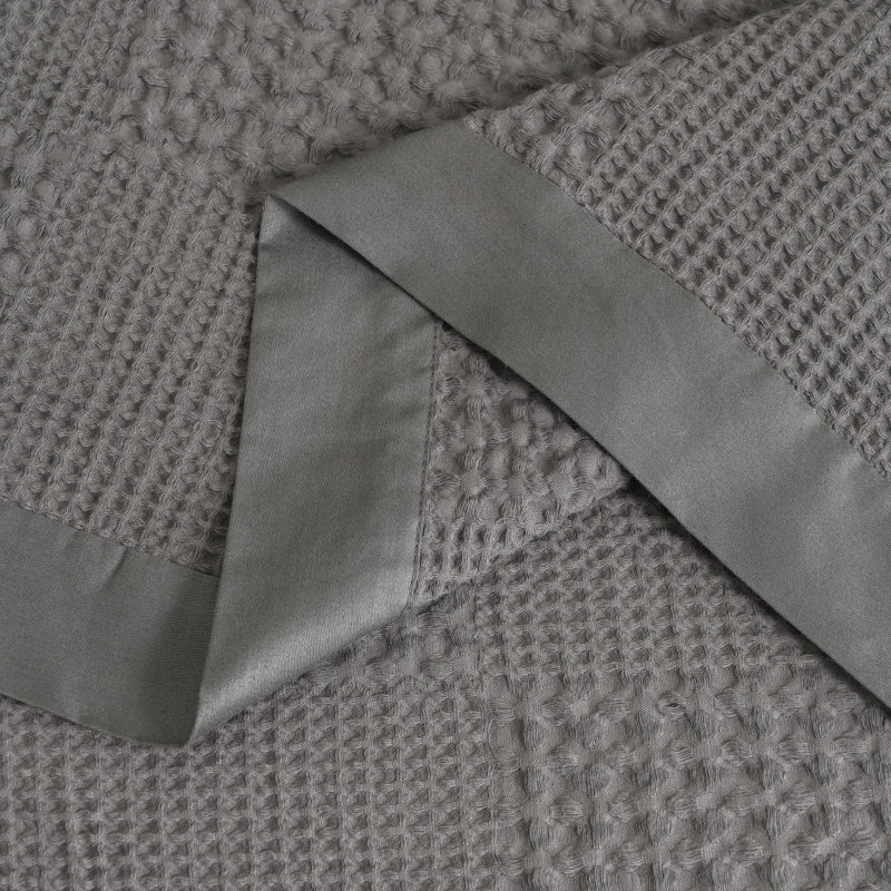 Twin Taupe and White Cotton Waffle Blanket with Sateen Binding