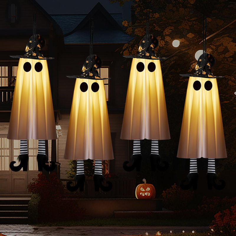 4 pièces décorations de fantômes suspendus d'Halloween avec lumière fantaisiste balançoire chapeau de sorcière fantômes intérieur patio extérieur jardin décoration d'arbre de jardin