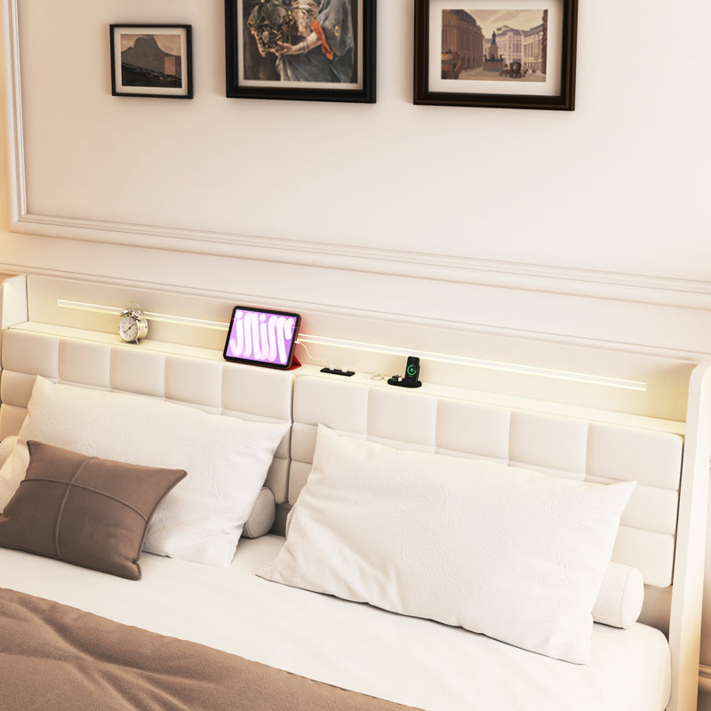 Grand lit plateforme tapissier en velours avec DEL, tête de lit avec rangement, éclairage à DEL flottant beige, caché