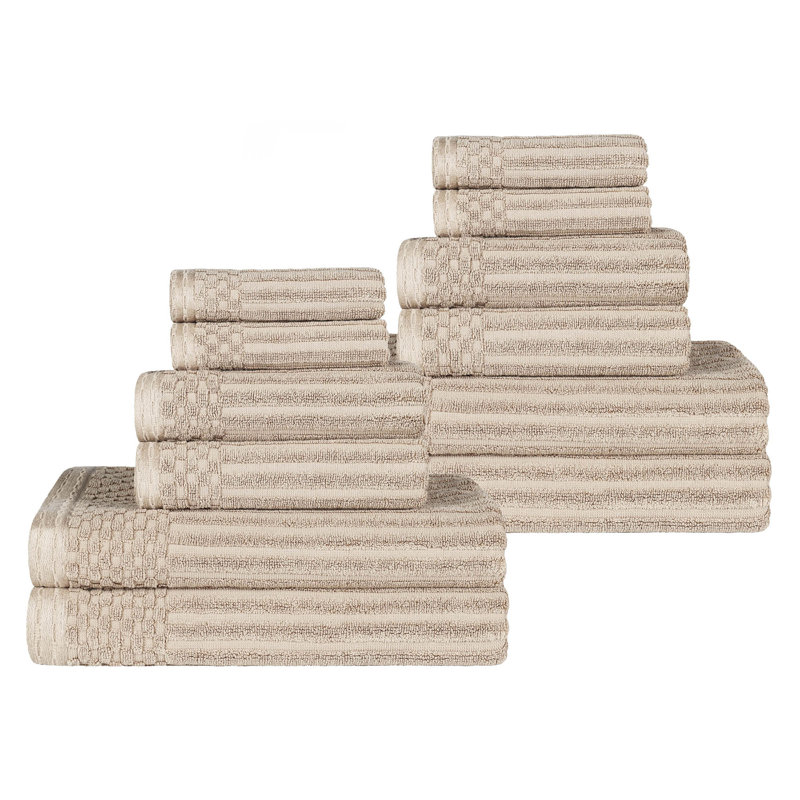 12-Piece Solid Highly Absorbent  and Checkered Border Cotton Towel Set, Ivory