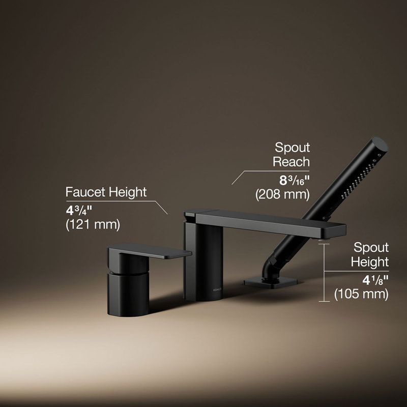 Parallel Single Handle Deck Mount Bath Faucet with Handshower, Matte Black