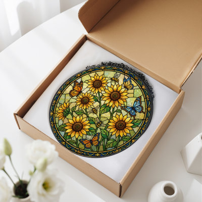 12"H Sunflower Butterfly Stained Glass Window Panel