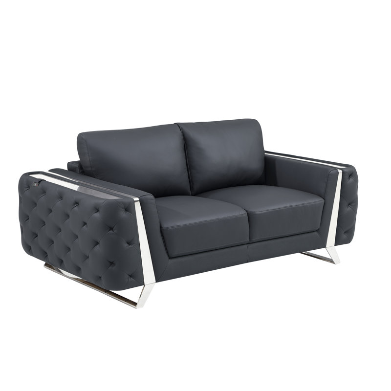 Anissa Genuine Italian Leather Loveseat, Dark Gray, Chrome