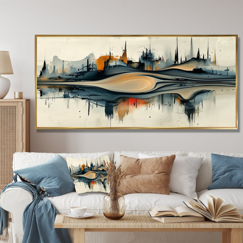 Jaanai - Abstract Wall Art, H 28 po x l 60 po, Cadre flottant, Doré
