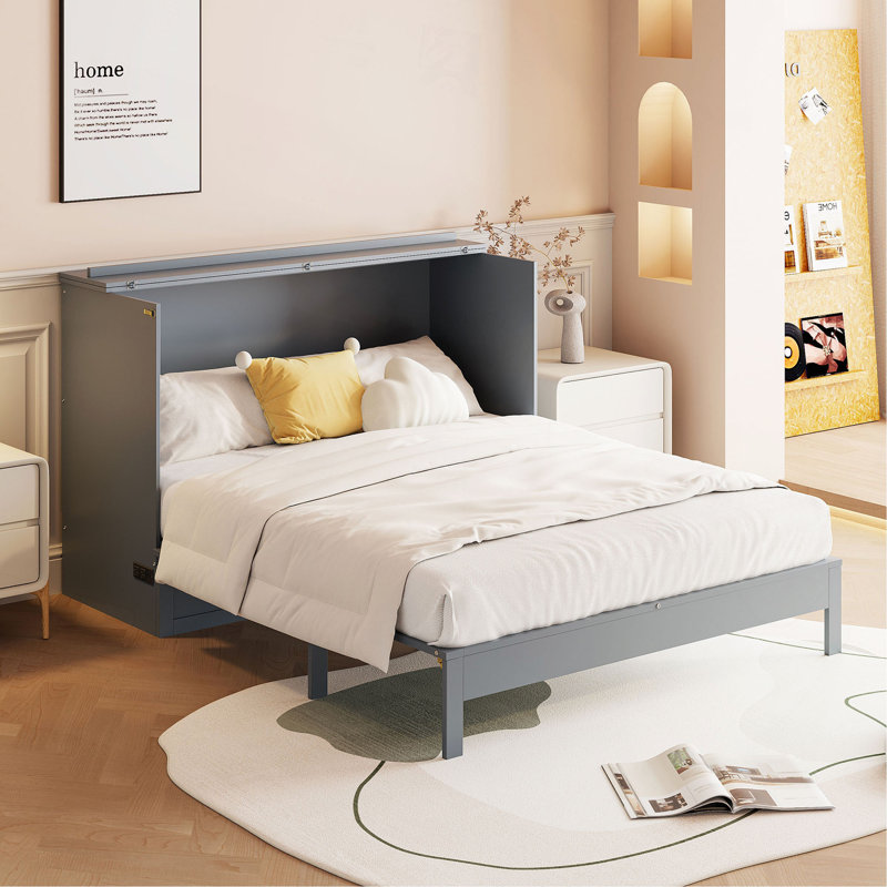 Lit escamotable double avec grands tiroirs, Gris, Lit double