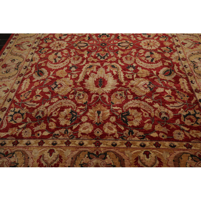 Tapis de zone en laine rouge 8 pi 1 po x 11 pi à main one-of-kind noué la peshawar Stoy