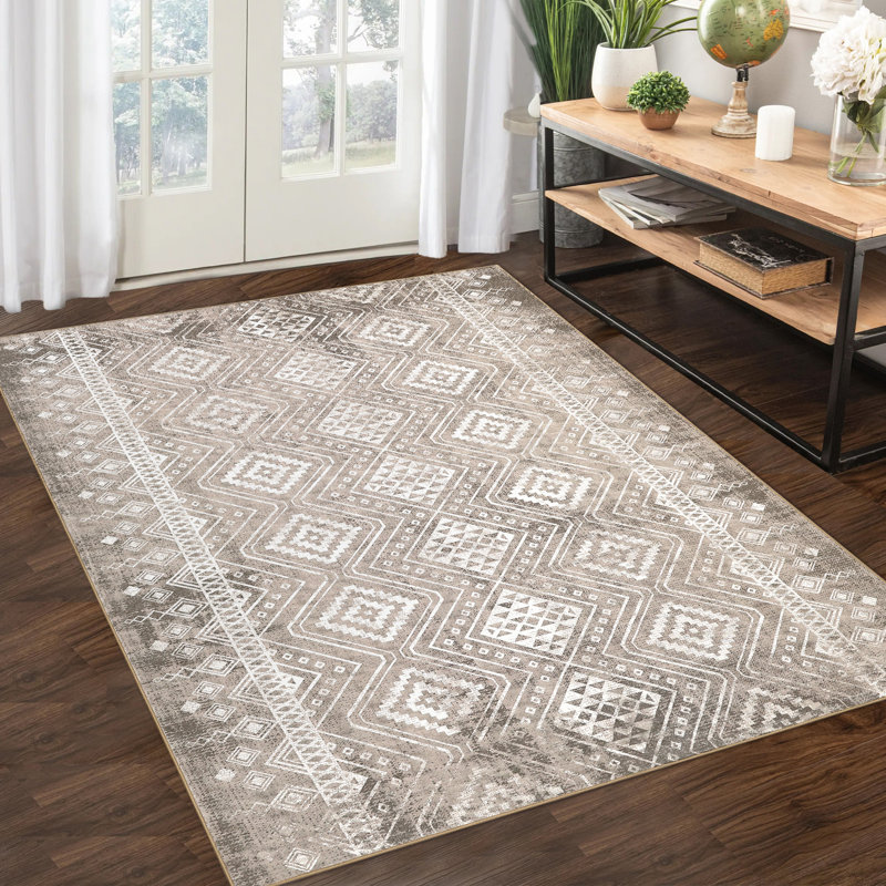Tapis beige / blanc en polyester tissé à la machine Klyde Southwestern, Rectangle 9 pi x 12 pi