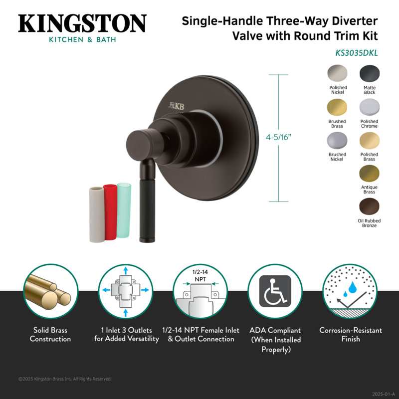 Kingston Brass Kaiser Single-Handle Wall Mount Three-Way Diverter Valve with Trim Kit, Polished Chrome