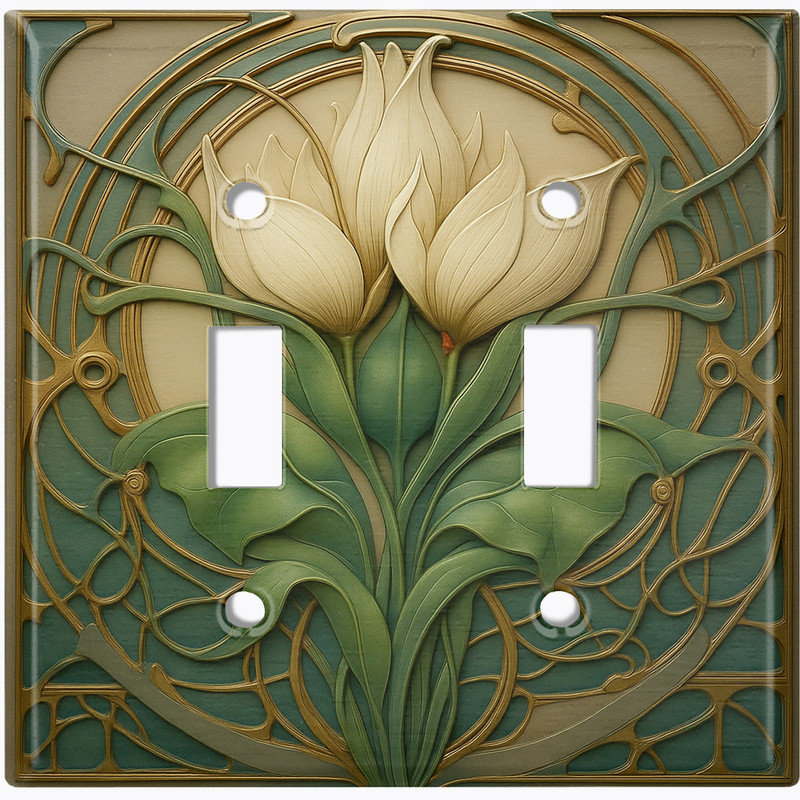 Couvercle de plaque d'interrupteur en métal; Bascule standard à 2 bandes US - image imprimée de fleurs rétro, Double # 2