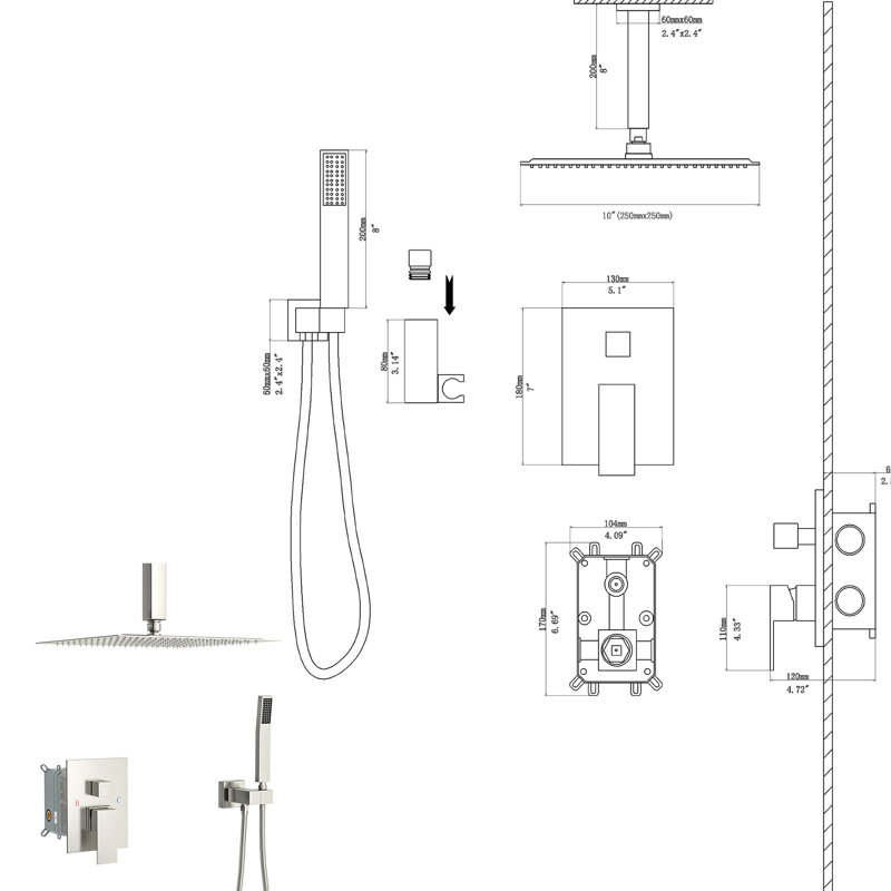 Douche de plafond de 10 pouces - Nickel brossé carré double avec soupape d'équilibre et douchette détachable optionnelle 360 jet réglable