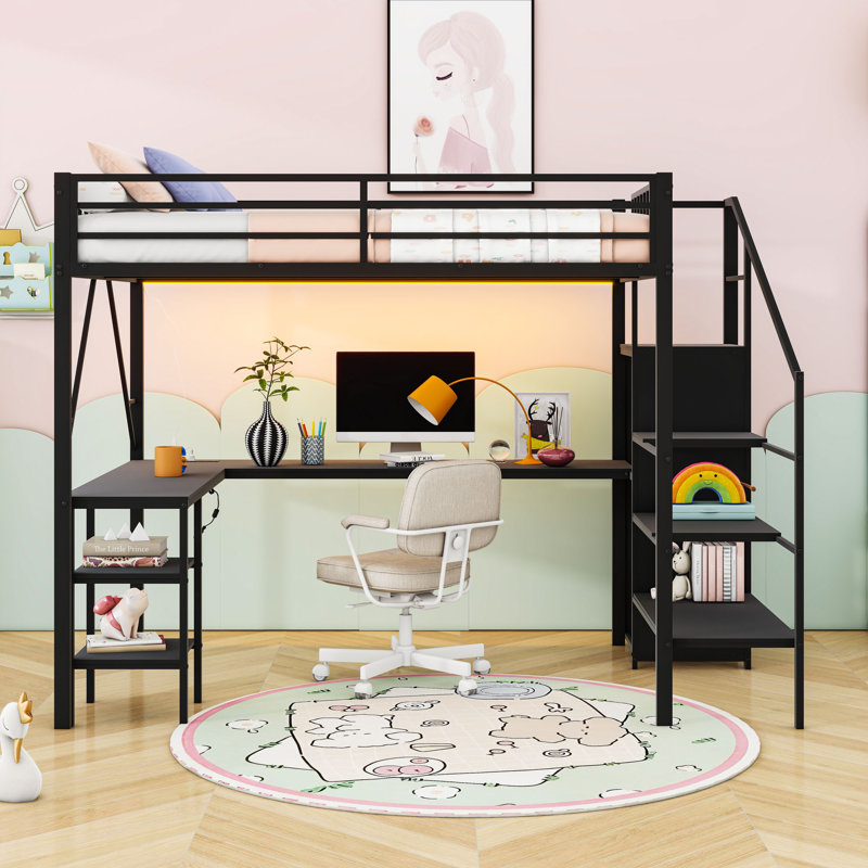 Lit mezzanine en métal avec escalier, bureau, lumière DEL et station de charge, Complète