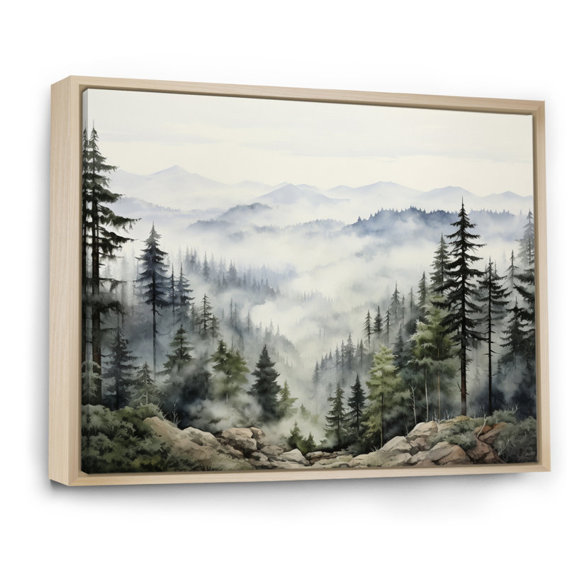 Pine Tree Misty Mountain I - Tree Pine Canvas Art, Floater Framed Print, 16" H x 32" W, Maple