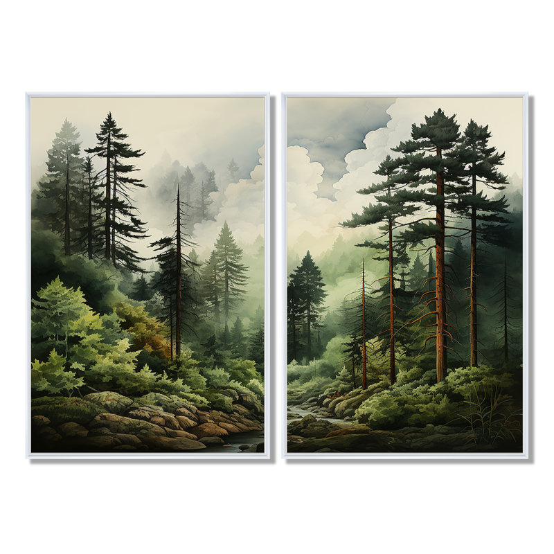 Forêt de pins - décoration murale traditionnelle verte, H 36 po x l 48 po, Reproduction encadrée sans passe-partout, Blanc