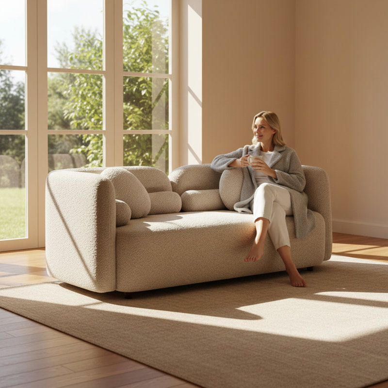 69.2" Modern Curved Upholstered Boucle Sofa, 2-seater With 6 Pillows, White Fabric