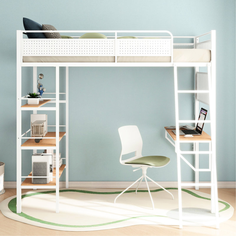 Lit mezzanine à 3 tablettes avec 3 barrières de sécurité en métal pour poste de travail, poste de travail intégré et 3 tablettes ouvertes blanc mat