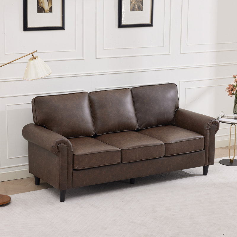 Ebern Designs 82.7" Upholstered Faux Leather Modern Sofa Rolled Arms ...