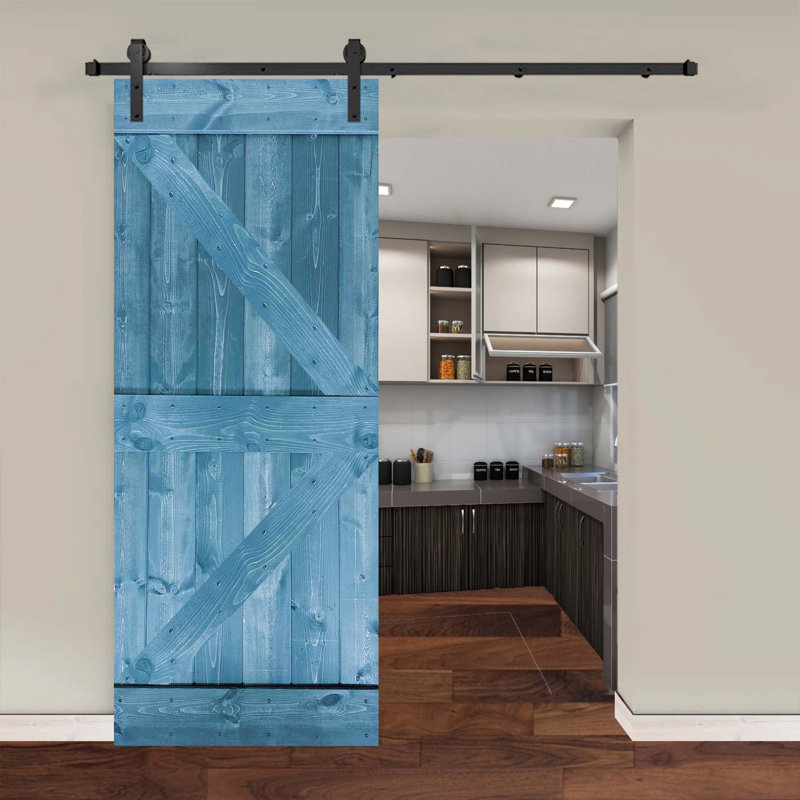 Ensemble de quincaillerie pour porte de grange simple en bois, Bleu marine, 26 po x 84 po